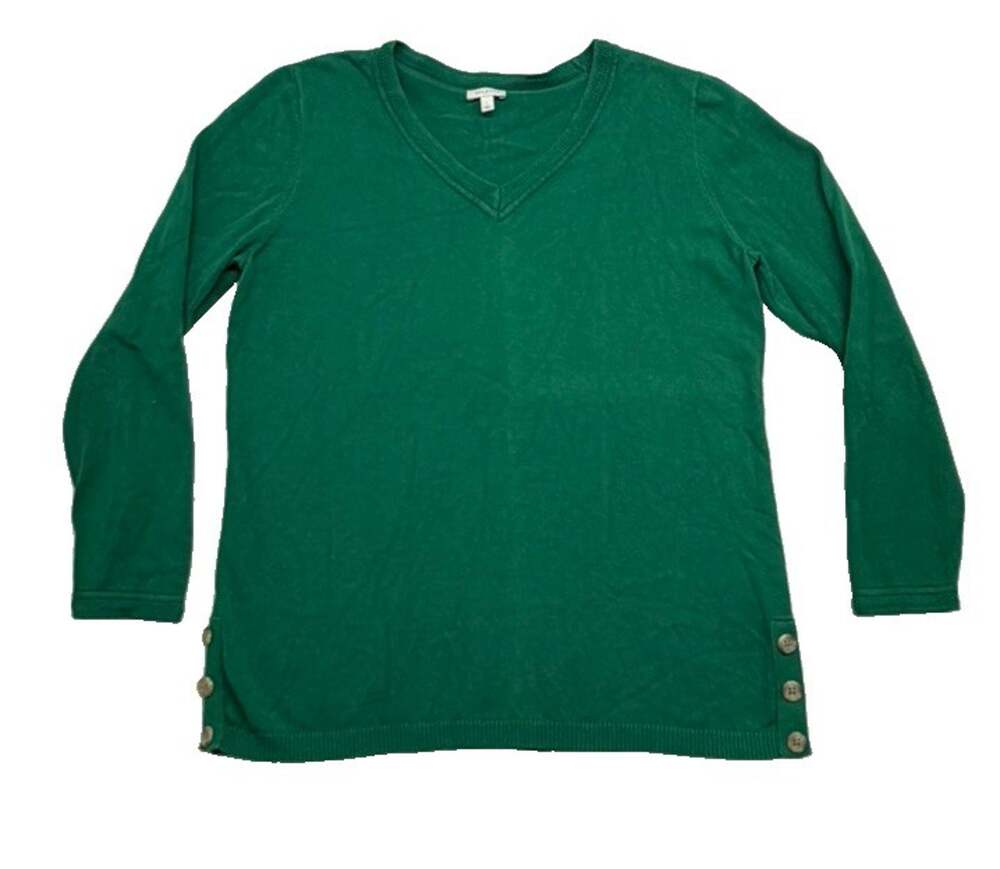 Talbots Sweater Womens Large Green V Neck Side Button Hem Cotton Blend Holiday